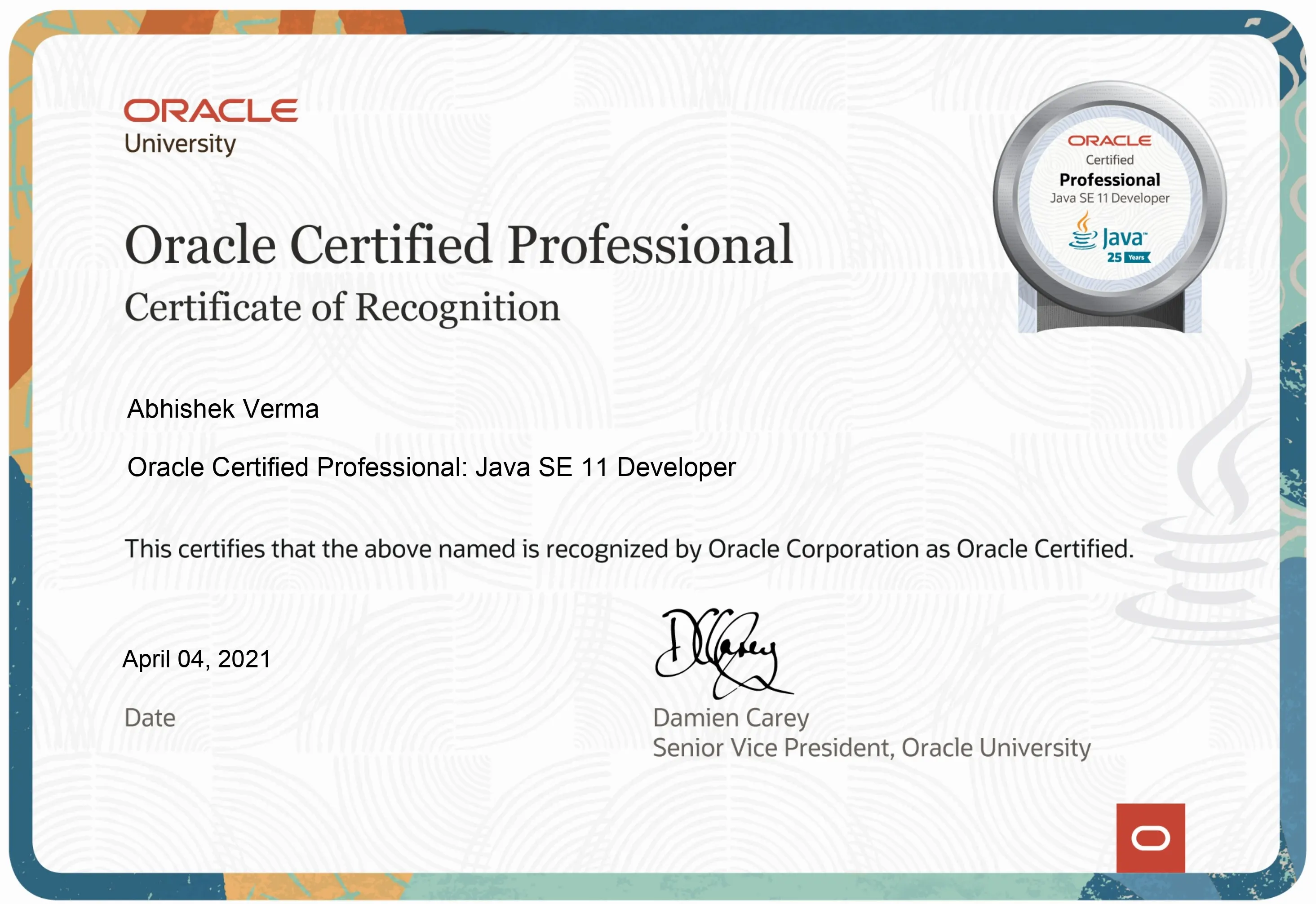 Oracle Certified Professional: Java SE 11 Programmer certificate